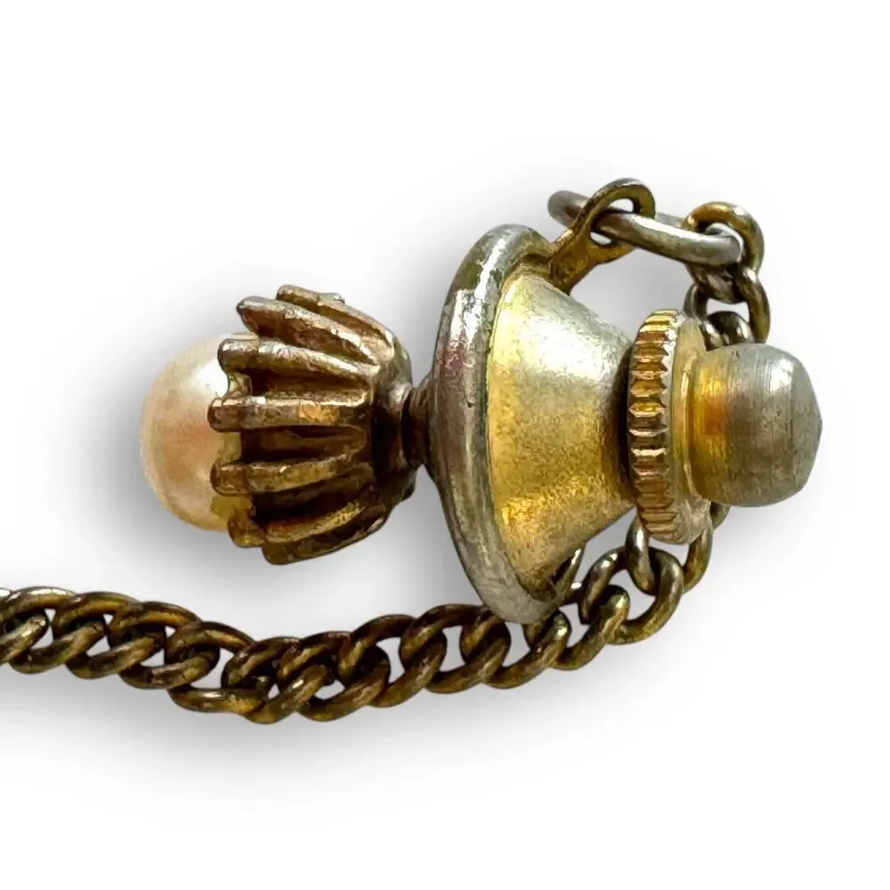 Vintage Bronze Tone Cream Pearl Brutalist Tie Tack/Pin 1950s w Chain and Bar